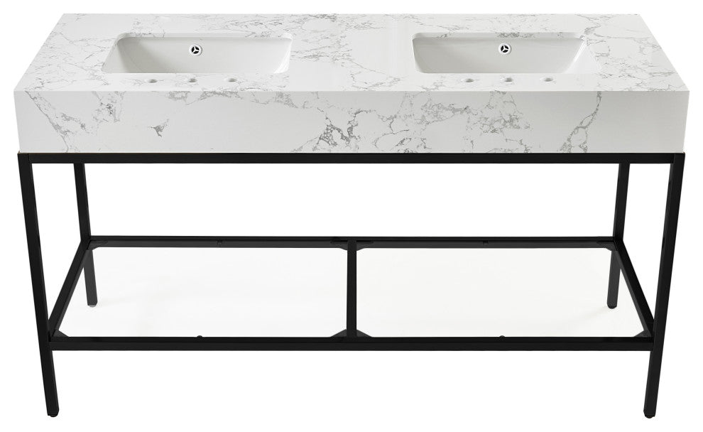 Marmo Bathroom Vanity, White, 60" Wide, Matte Black Finish