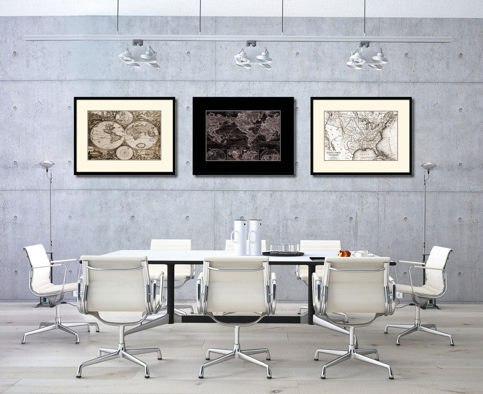 United States Old Sepia Map Print On Canvas With Black Custom Frame, 16" X 21"