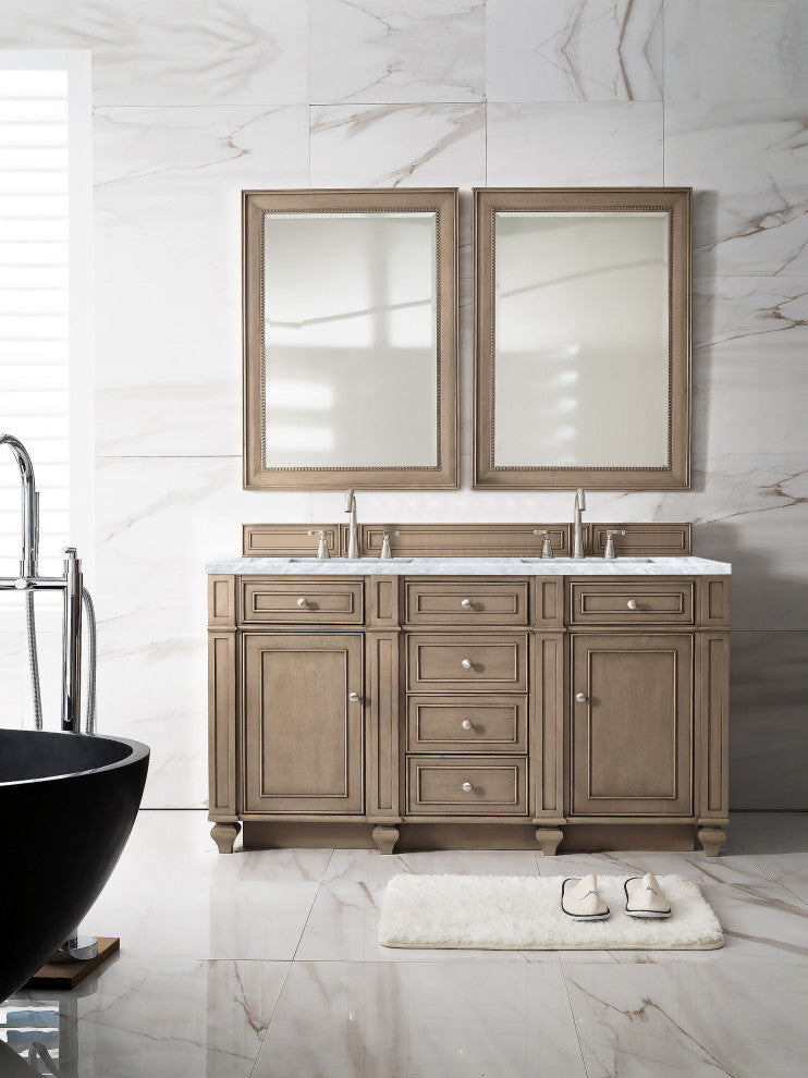 Bristol 60" Double Vanity Whitewashed Walnut, Carrara Marble