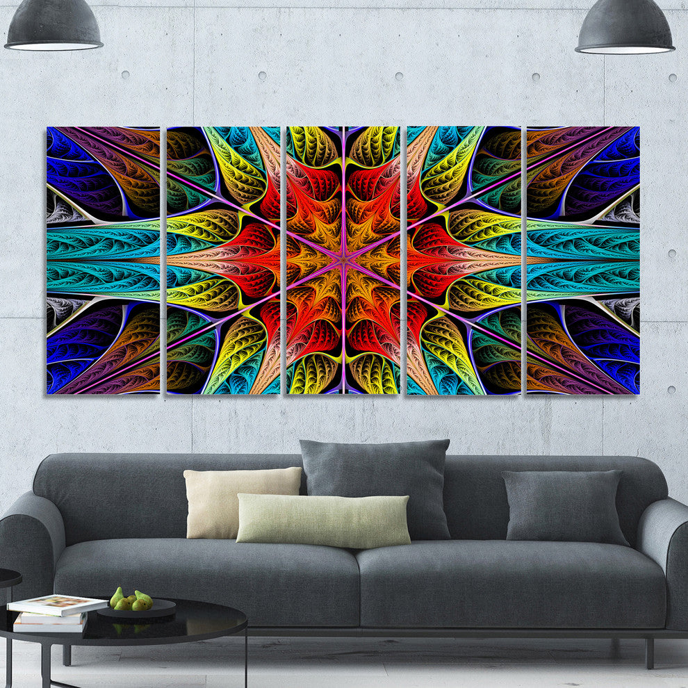 Colorful Fractal Stained Glass, Abstract Canvas Art Print, 60"x28", 5 Panels