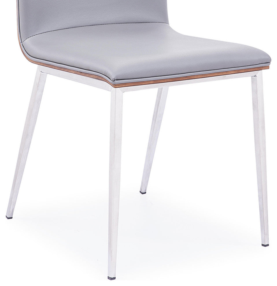 Crystal Dining Chair in Brushed Stainless Steel w/ Gray Faux Leather - Set of 2