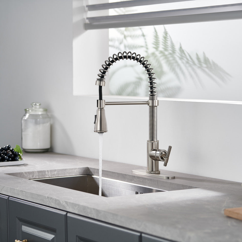 Single Handle Kitchen Faucet Pull-Down Sprayer, 360 Swivel, Three Functions, Brushed Nickel