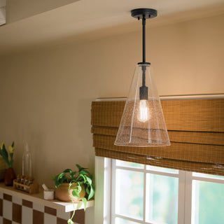 Everly 13.75" 1-Light Bell Pendant With Clear Seeded Glass, Black