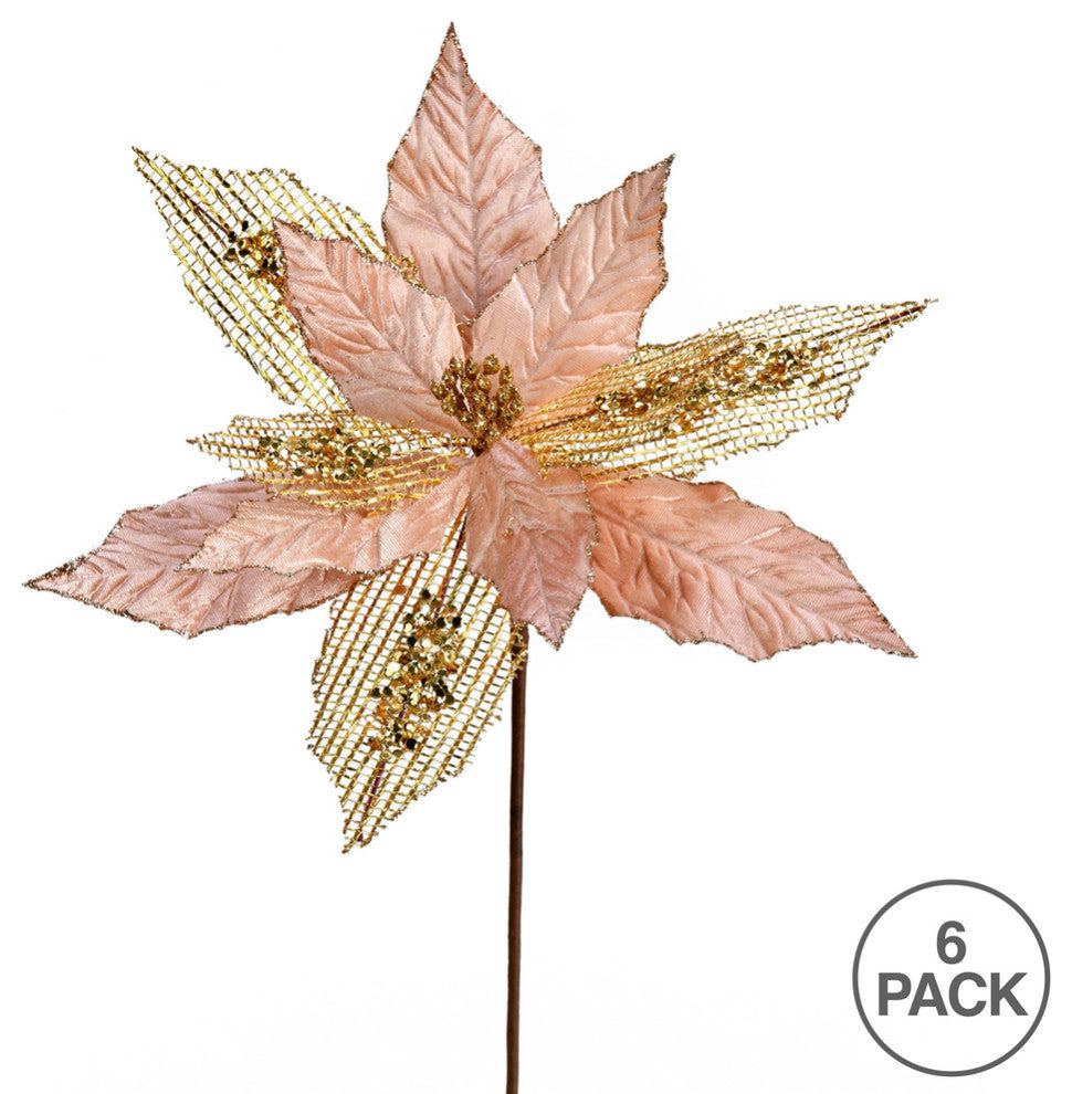 Poinsettia Mesh Glitter Aritificial Christmas Spray , Rose Gold, 13"