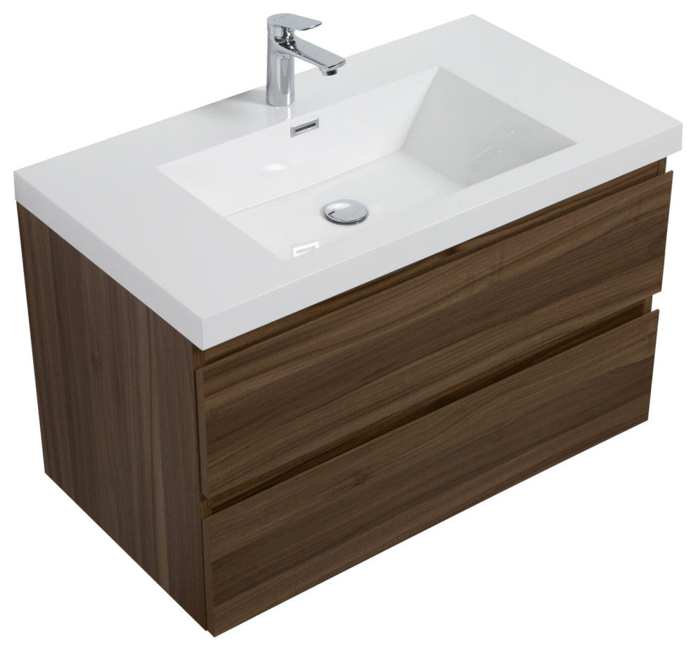 Aurora Wall Mount Vanity, White Acrylic Top, Smokey Walnut, 36"