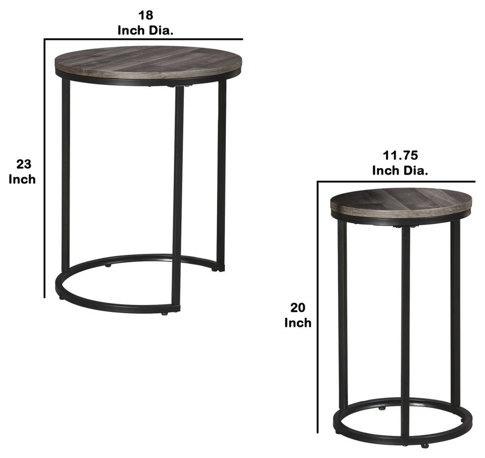 Benzara BM230944 Round Wooden Top Metal Accent Table, 2-Piece Set, Gray/Black