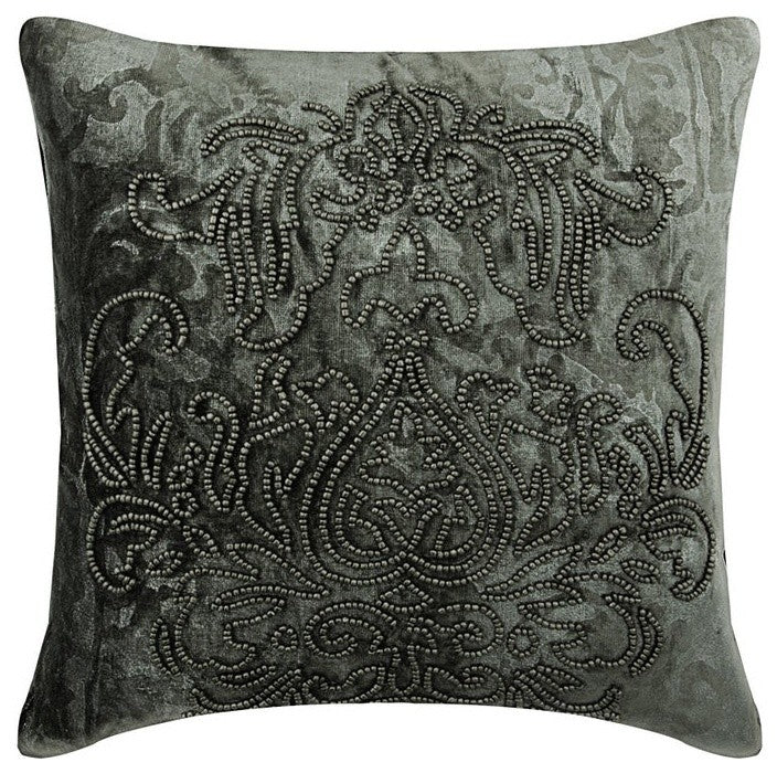 Damask Silver Foil Grey & Silver Velvet 24"x24" Pillow Cover, Steel Damask