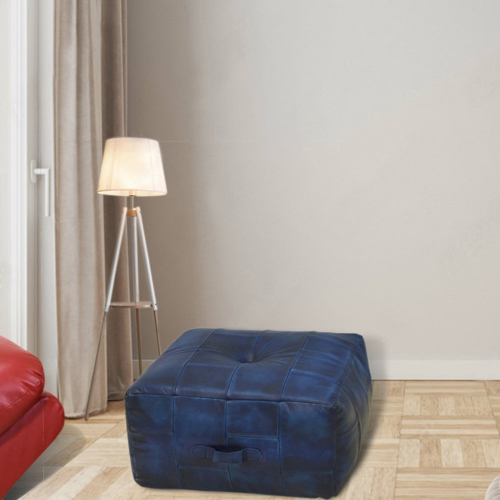 Geometric Handmade Leather Pouf (Recycled Foam with Fibre Fill) Black, [Square]21x21x12