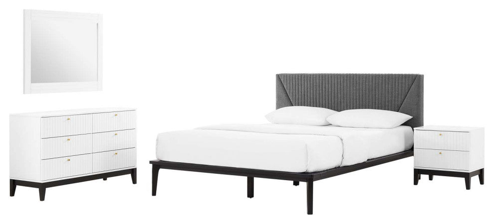 Platform Bed Dresser Chest Nightstand Set, Queen, White, Wood, Modern