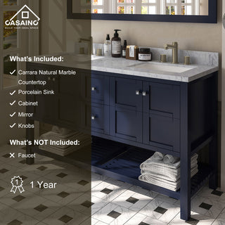 Single Sink Solid Wood Bath Vanity with Natural Marble Top and Mirror, 60in