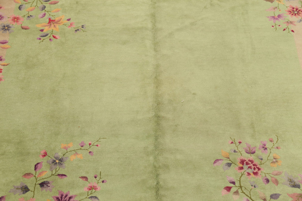 Consigned, Vintage Floral Area Rug Art Deco Oriental Hand-Knotted, Green, 9 X 12