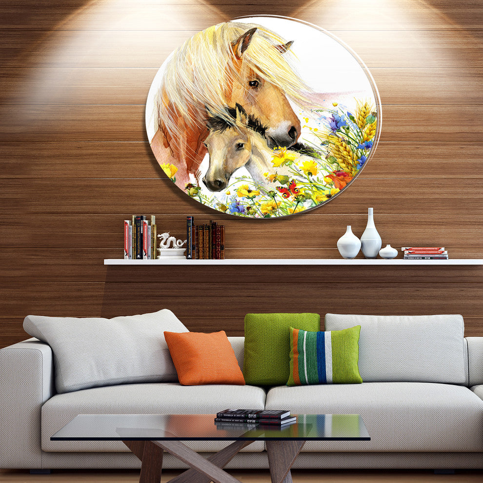 Horse And Foal With Meadow, Animal Disc Metal Artwork, 36"