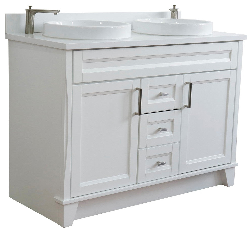 48" Double Sink Vanity, White Finish With Engineered Stone Top And Round Sink