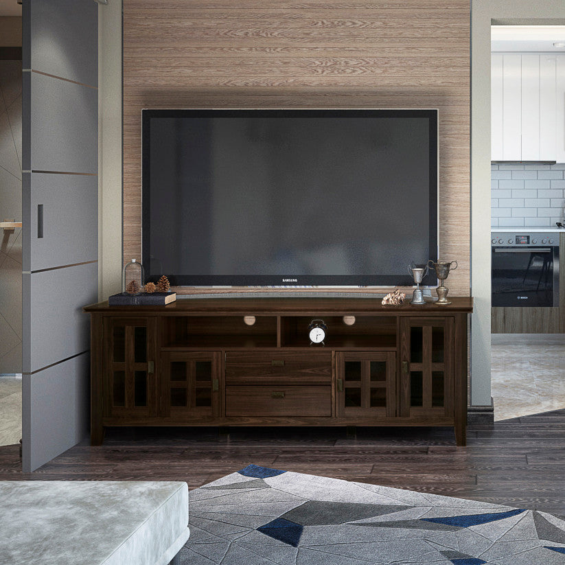 Solid Wood 72 Inch Tv Media Stand In Tobacco Brown For Tvs Up To 80 Inches