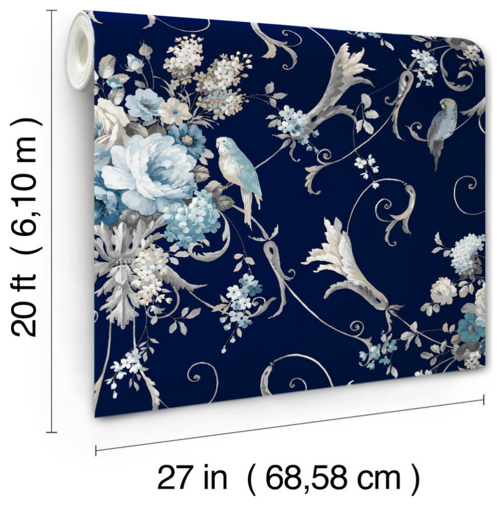 Parrots with Floral Bouquets Navy Peel and Stick Wallpaper