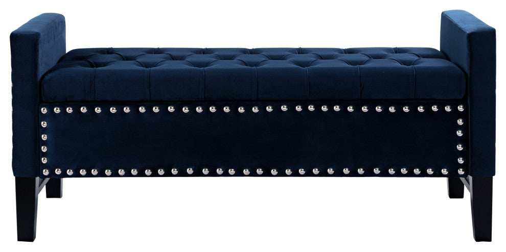 Grace Velvet Button Tufted With Silver Nailhead Trim Storage Bench, Navy
