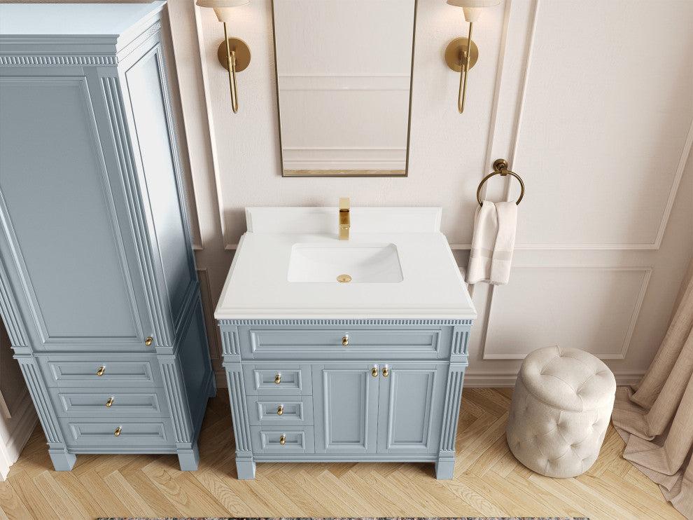 Paris 36" Center Sink Bathroom Vanity, Blue Heather 1.5" White Quartz