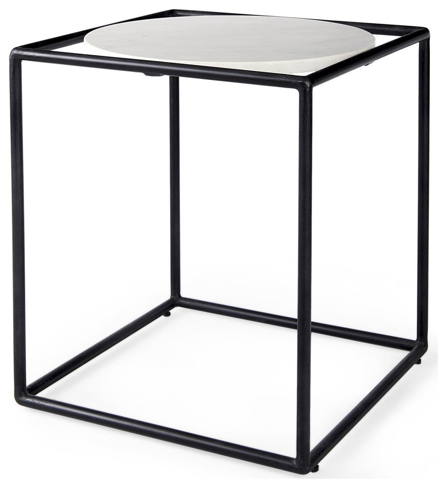 Suspended White Marble Black Metal Geo Side Table