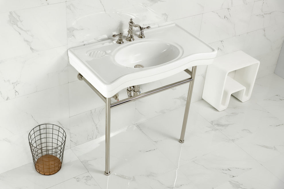 VPB28140W86 36" Ceramic Console Sink with Stainless Steel Legs