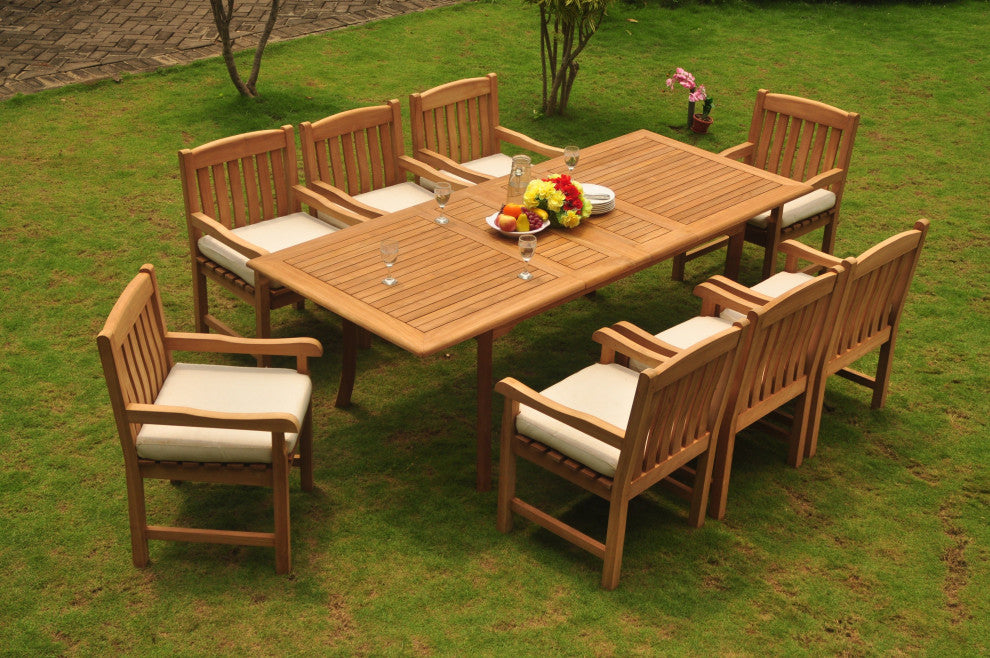 9-Piece Outdoor Teak Dining Set, 94" Extension Table, 8 Devon Arm Chairs