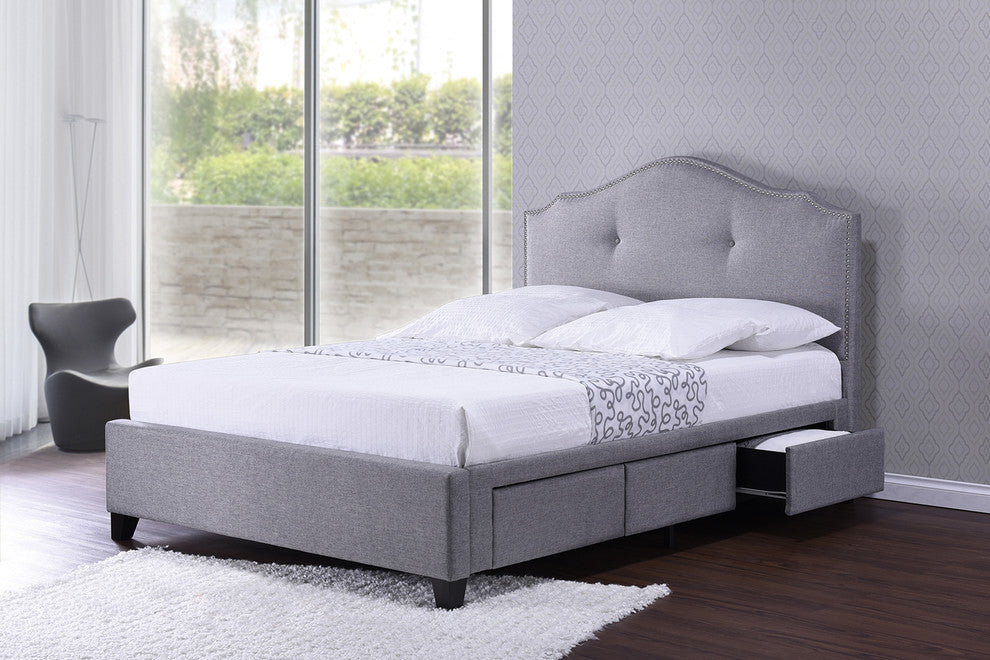 Armeena Gray Linen Modern Storage Bed With Upholstered Headboard, Queen Size