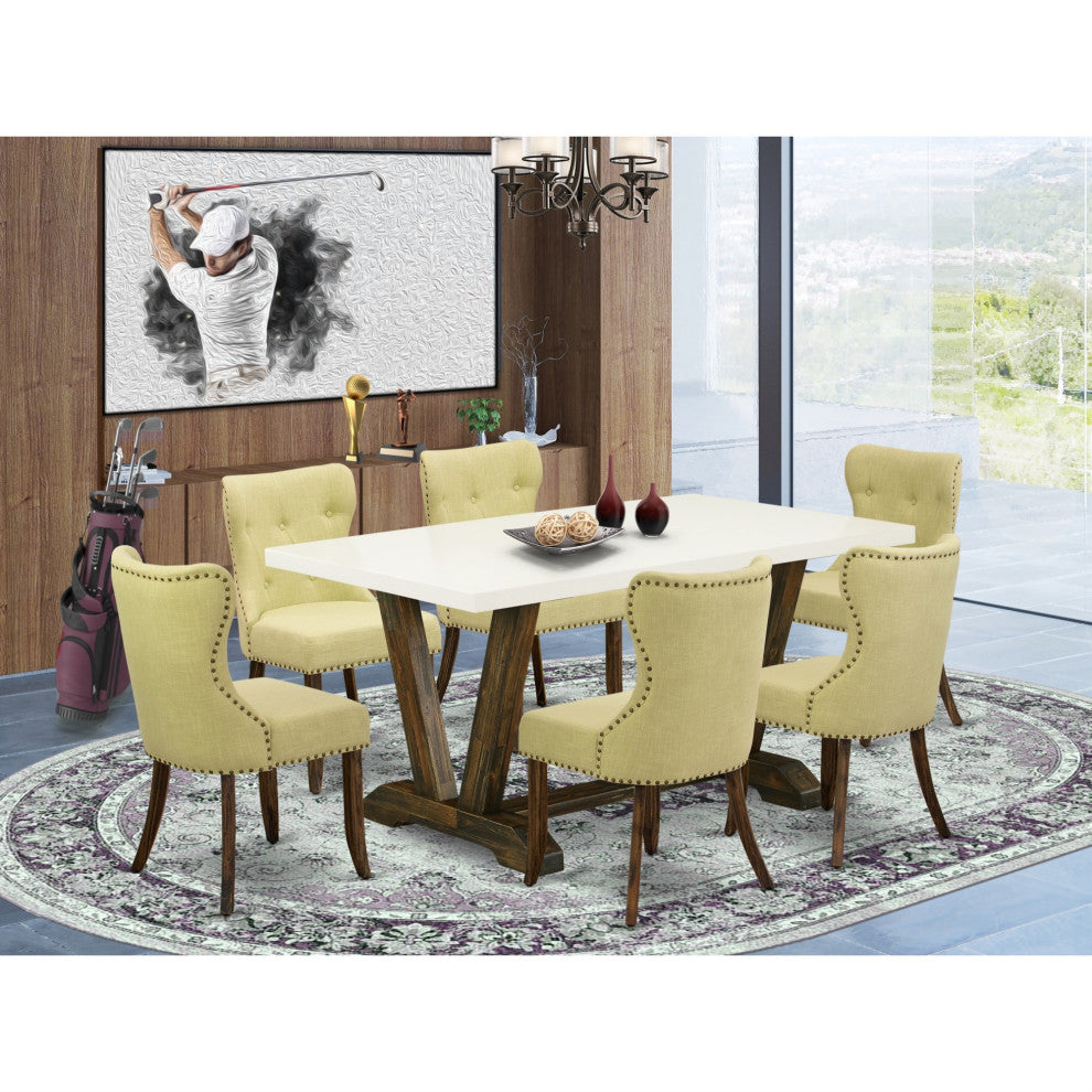 7-Piece Dining Set, 6 Chairs, Table Top and Wooden Legs-Linen White and Jacobean