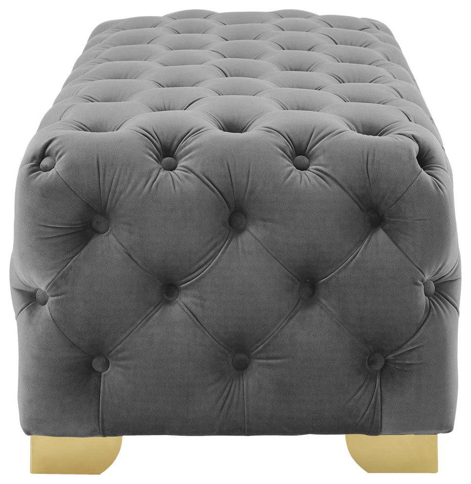 Modern Lounge Accent Chair Bench, Velvet Fabric Metal Steel, Grey Gray