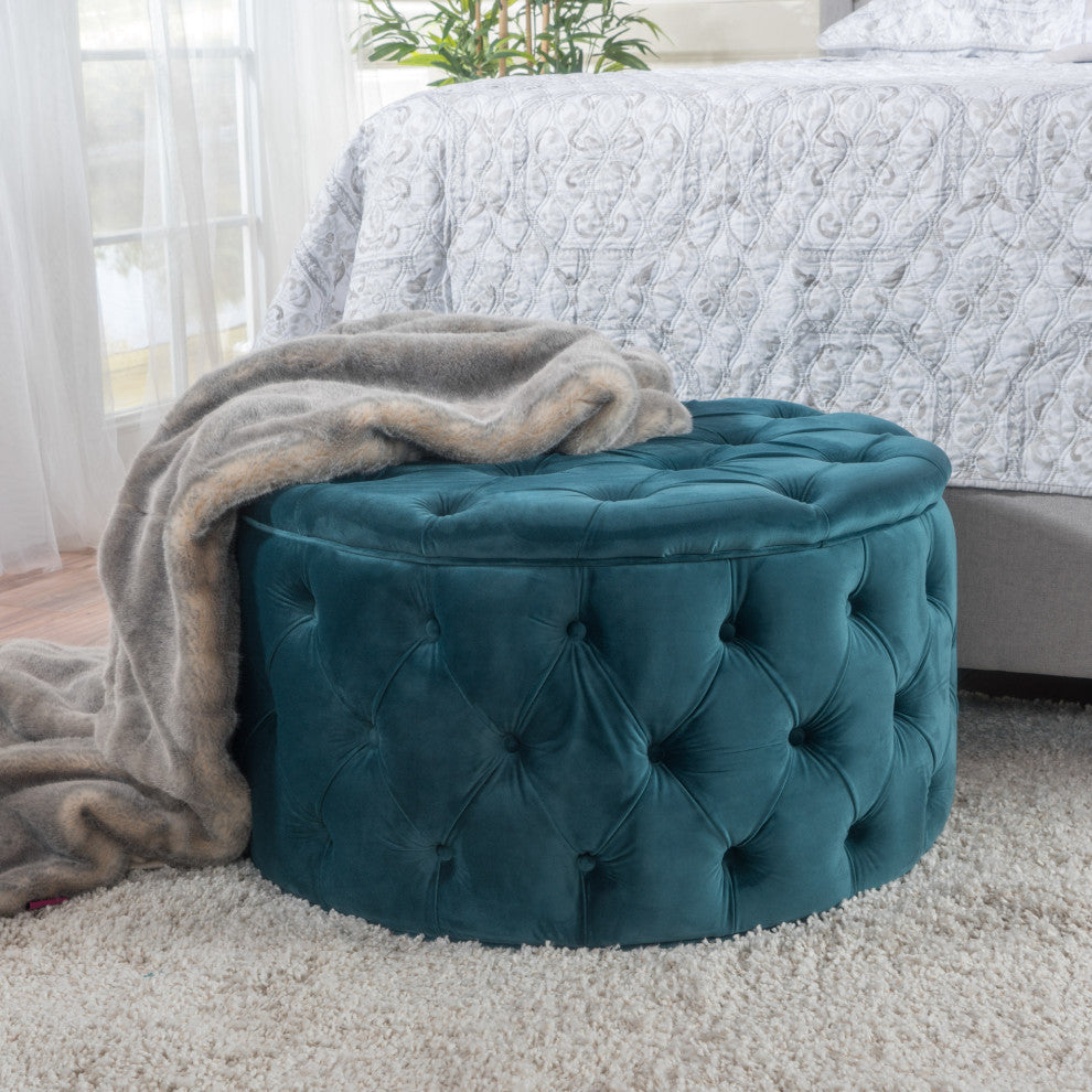 GDF Studio Maelyn Modern Glam Tufted Velvet Round Ottoman, Teal