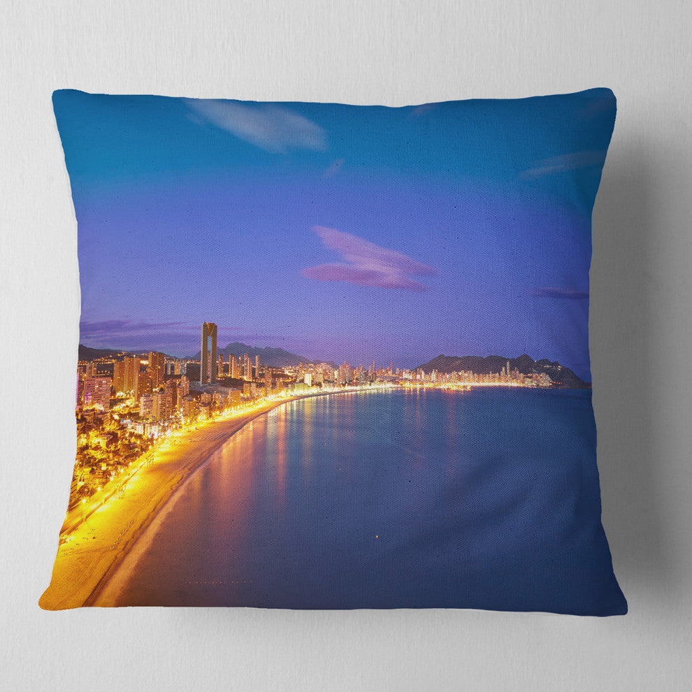 Benidorm Poniente Beach Sunset Seascape Throw Pillow, 16"x16"