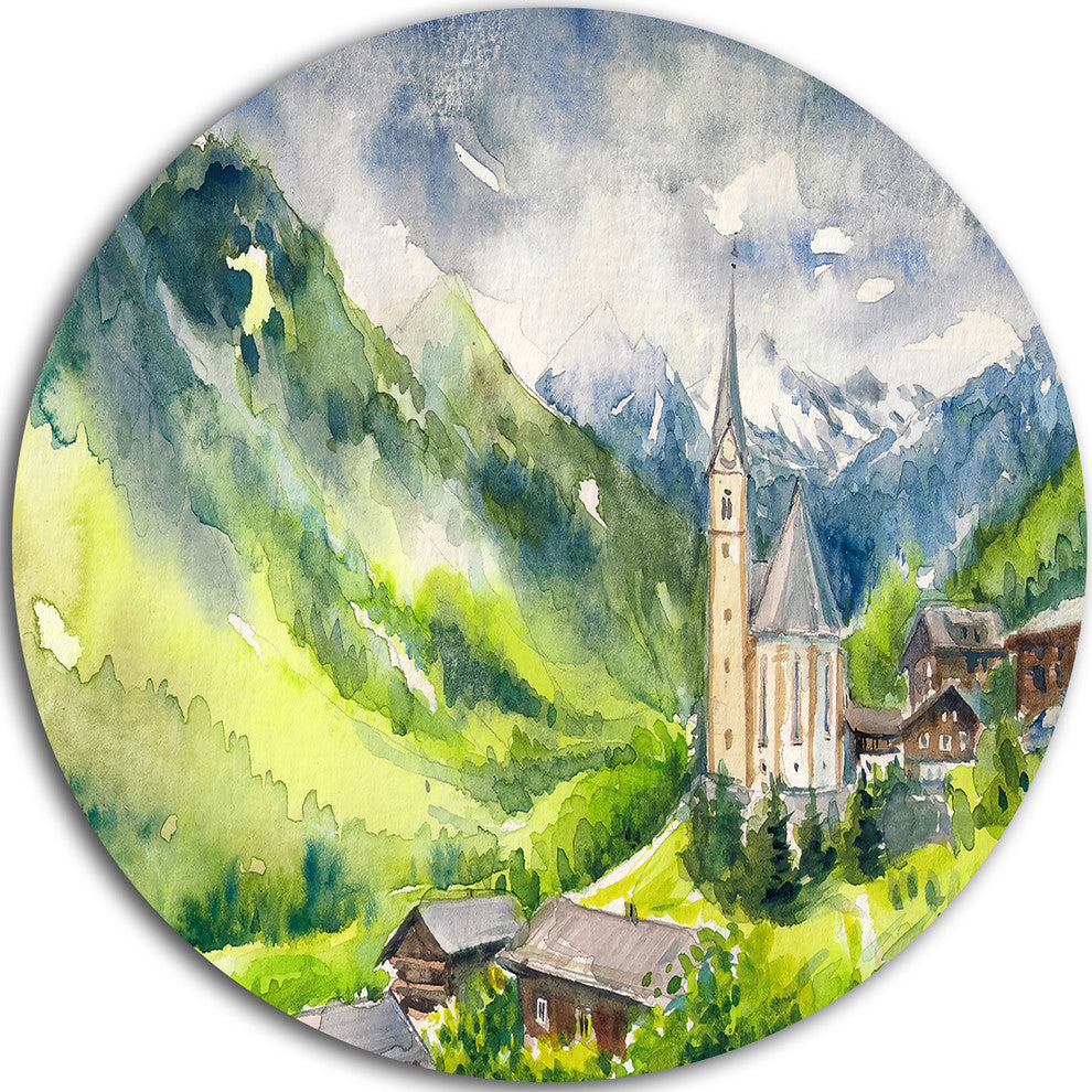 Village Heiligenblut Watercolor, Landscape Disc Metal Wall Art, 38"