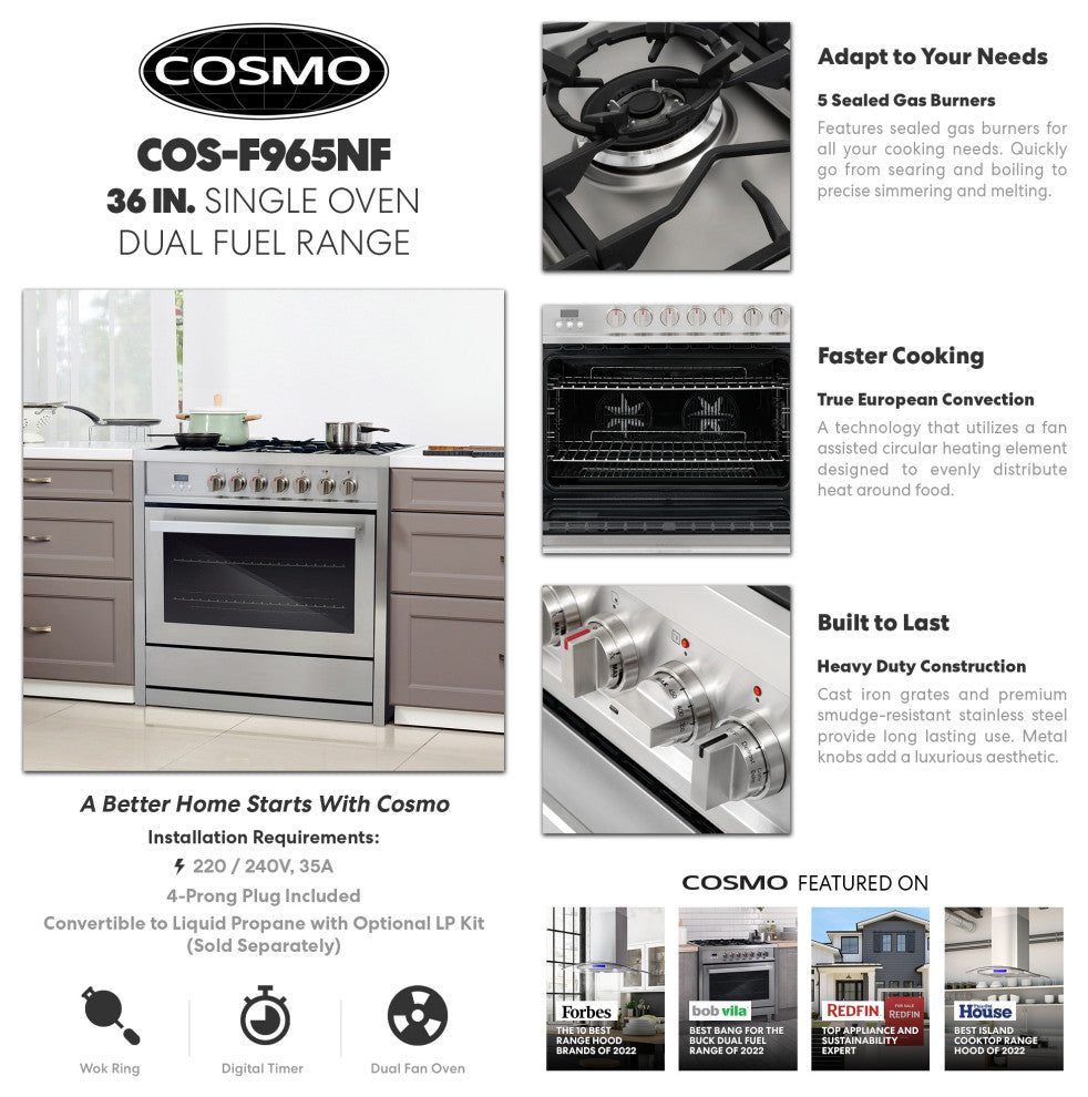 Cosmo Modern Dual-Fuel Range Convection Oven Pro Style High Powered