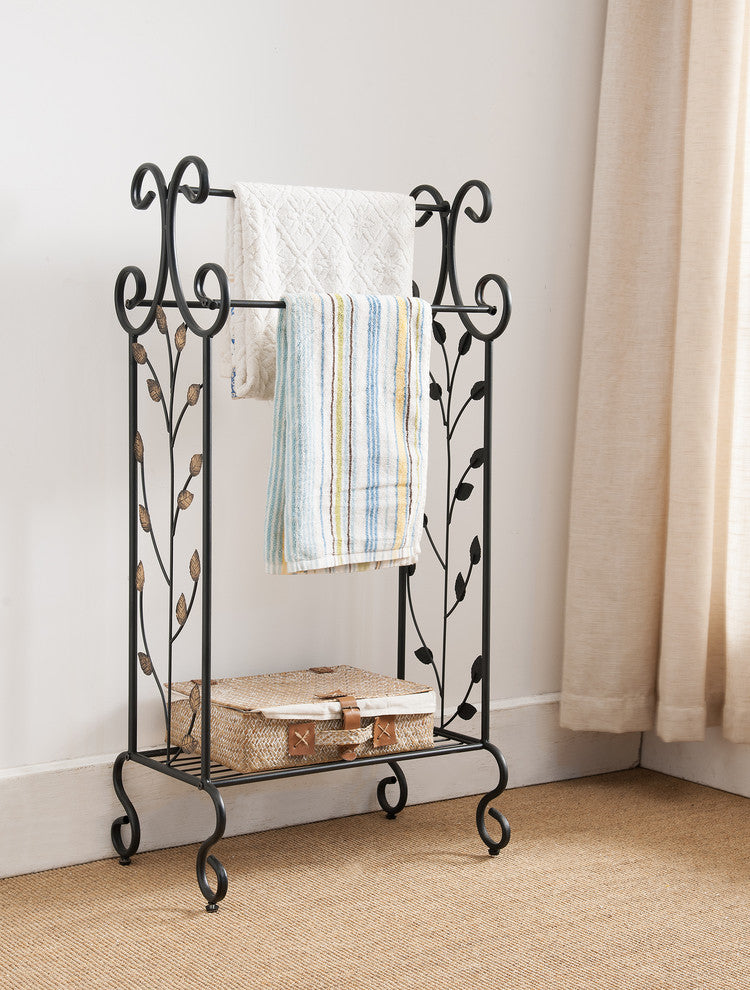 Annabella Metal Towel Rack With Gold Leaf Design, Black
