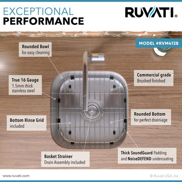 Ruvati RVM4138 16 x 16 inch Undermount 16 Gauge S. Steel Bar Prep Sink