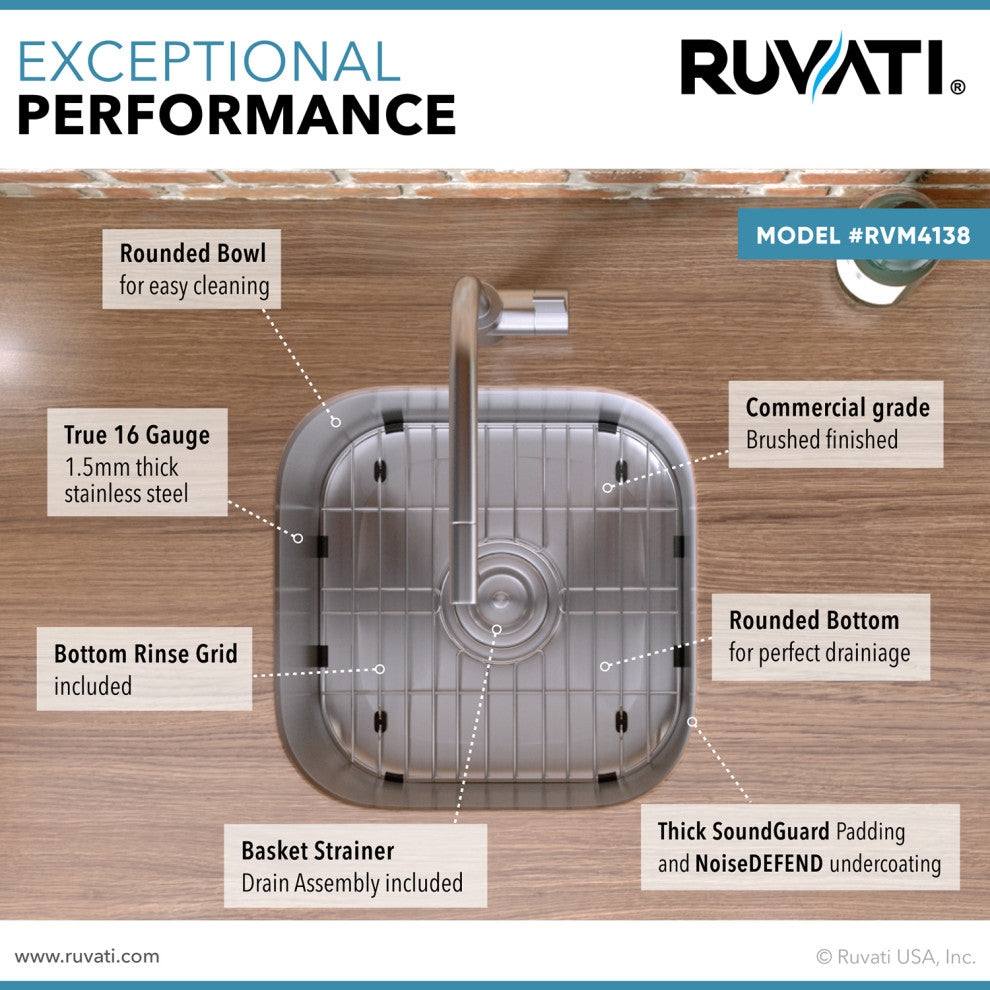 Ruvati RVM4138 16 x 16 inch Undermount 16 Gauge S. Steel Bar Prep Sink