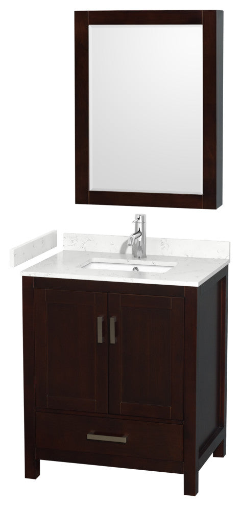 30"SGL Vanity Espresso, Carrara Cult. Marble Countertop, Sink, Med. Cabinet