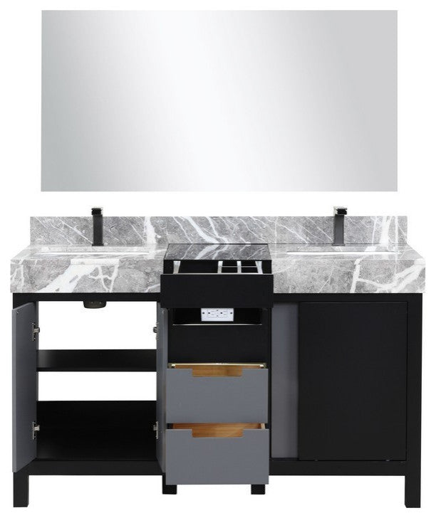 Zilara 55" Black and Grey Double Vanity Set, Balzani Gun Metal Faucet Sets