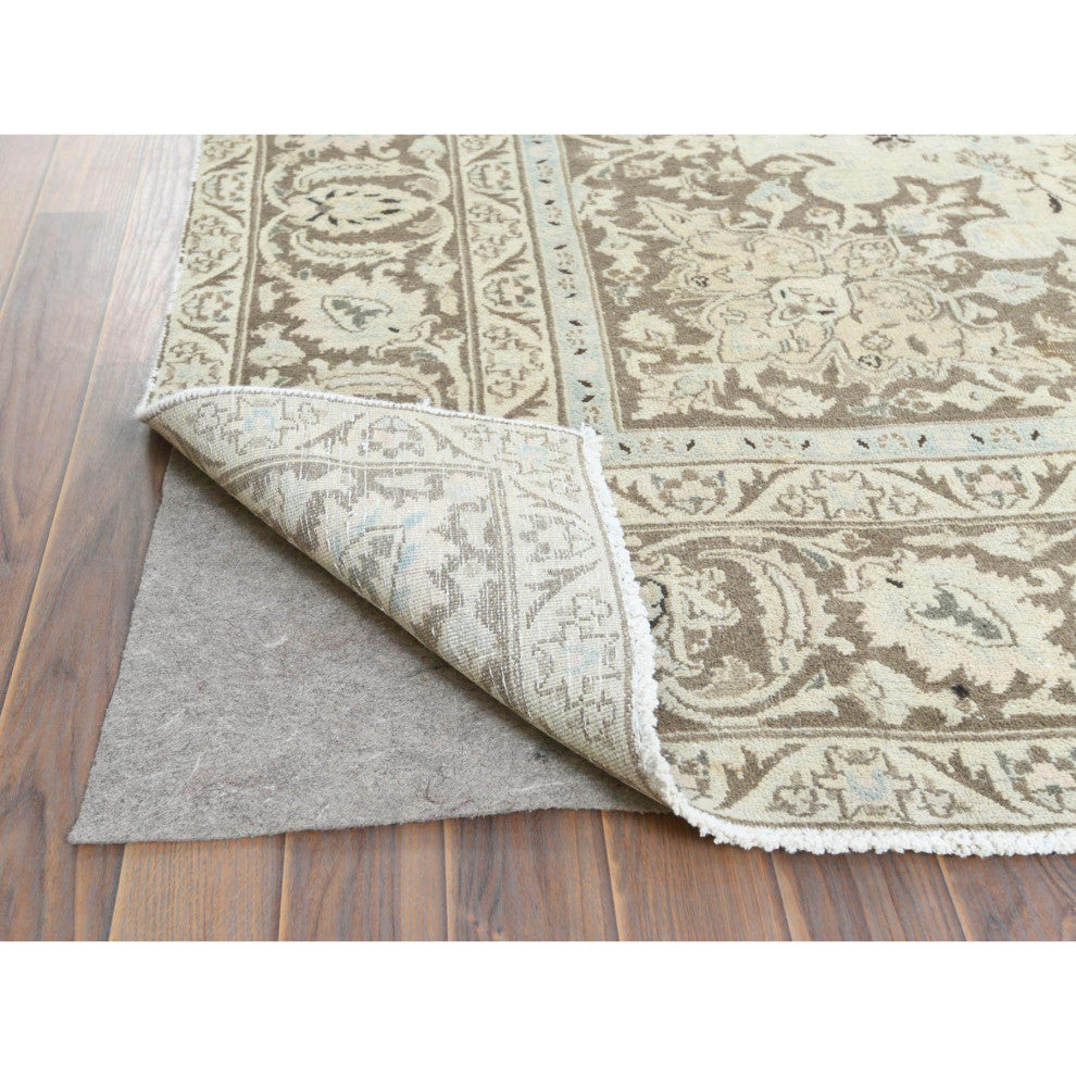 Ivory Hand Knotted Vintage Persian Kashan Worn Wool Oriental Rug 7'7" x 10'1"