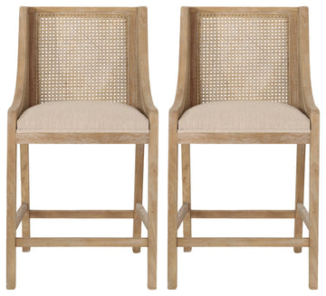 Deville Fabric Upholstered Wood and Cane 25.5 inch Counter Stools, Set of 2, Beige
