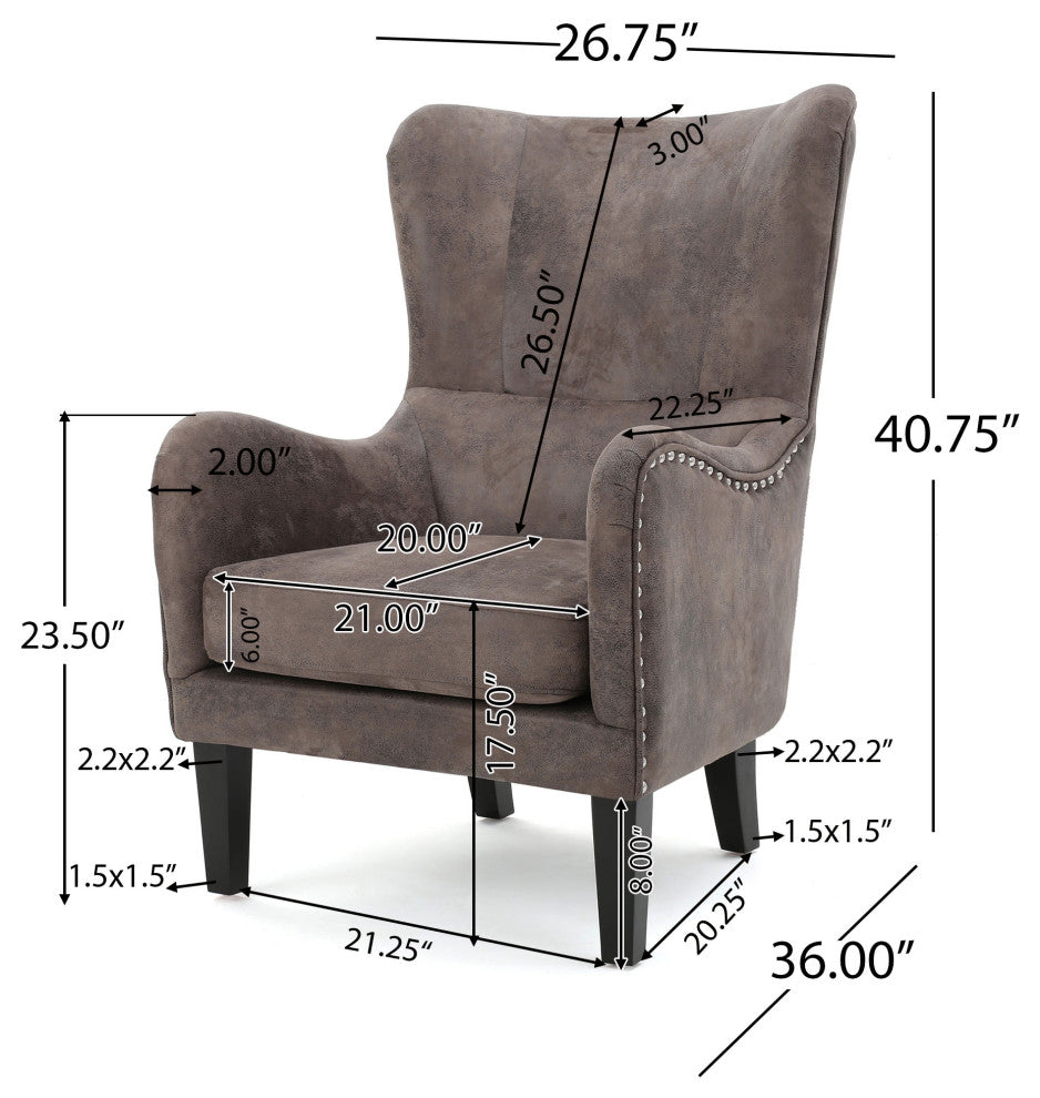 Lorenzo Contemporary Wingback Club Chair With Nailhead Trim, Gray Brown