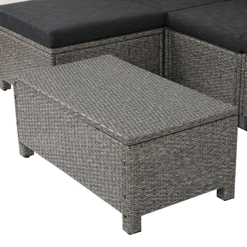 GDF Studio Lorita Outdoor 5-Piece Gray Wicker Sectional Sofa With Black Cushions