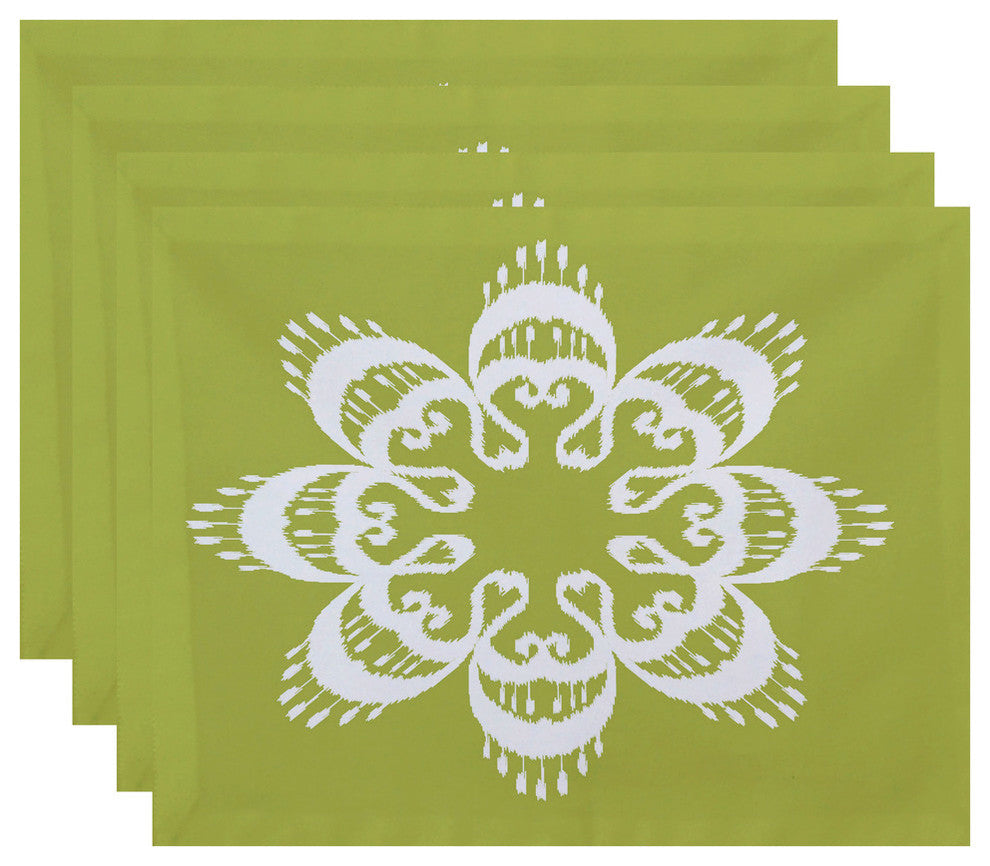 18"x14" Ikat Mandala, Geometric Print Placemat, Green, Set of 4
