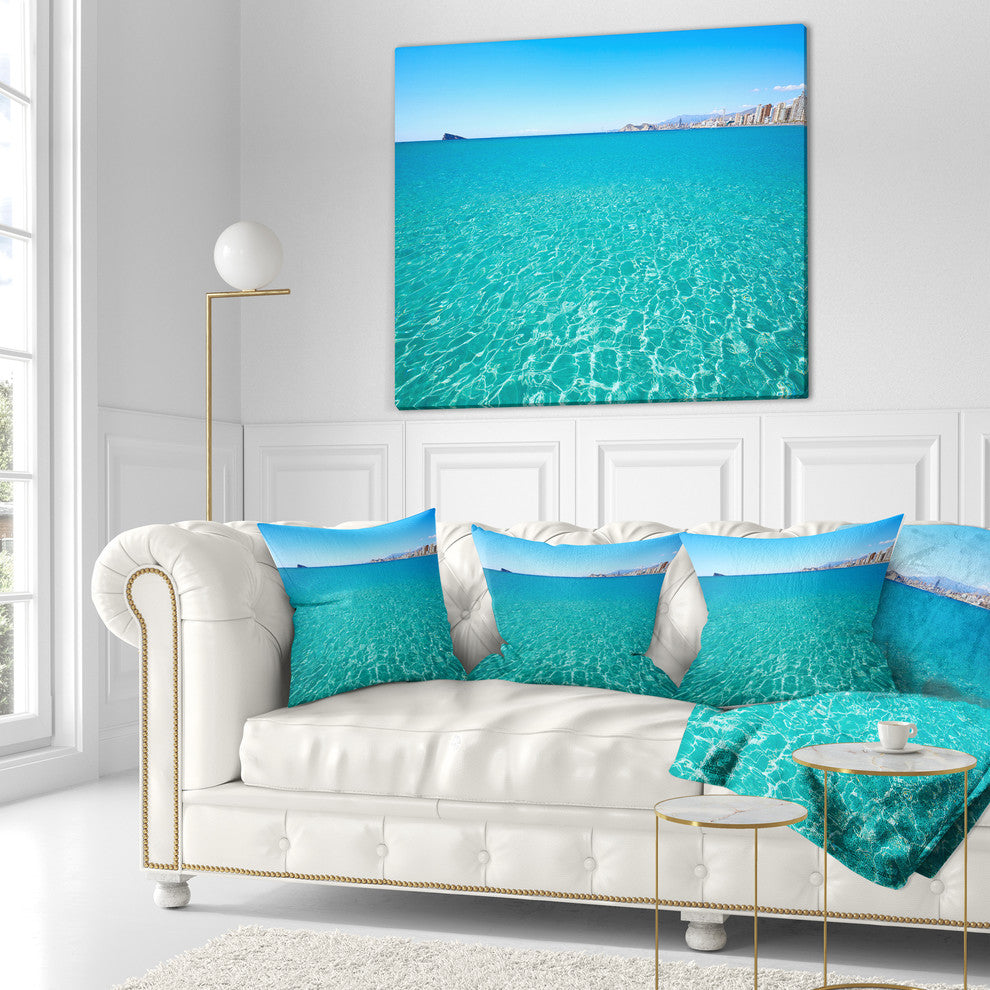 Blue Benidorm Levante Beach Seascape Throw Pillow, 18"x18"