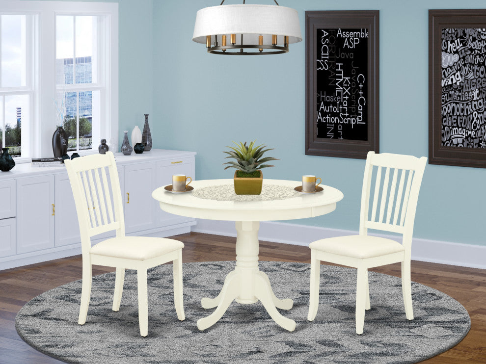 3Pc Dinette Set, Rounded Table, Two Linen Seat Chairs, Linen White