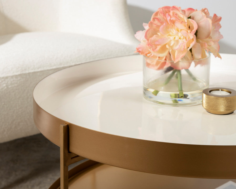 Nira Metal Coffee Table, White/Gold 26" Diameter