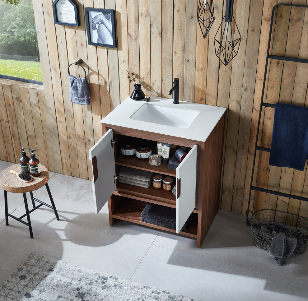 LYON Freestanding Modern Bathroom Vanity, Beige, 30", White Countertop