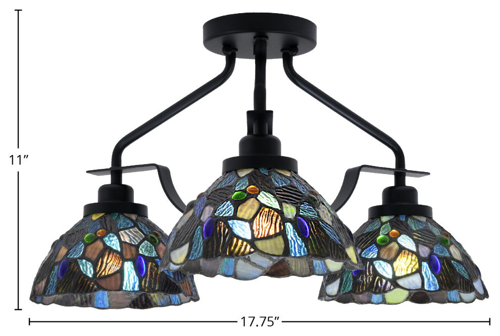 Odyssey 3 Light Semi Flush Mount, Matte Black Finish, 7" Blue Mosaic Art Glass