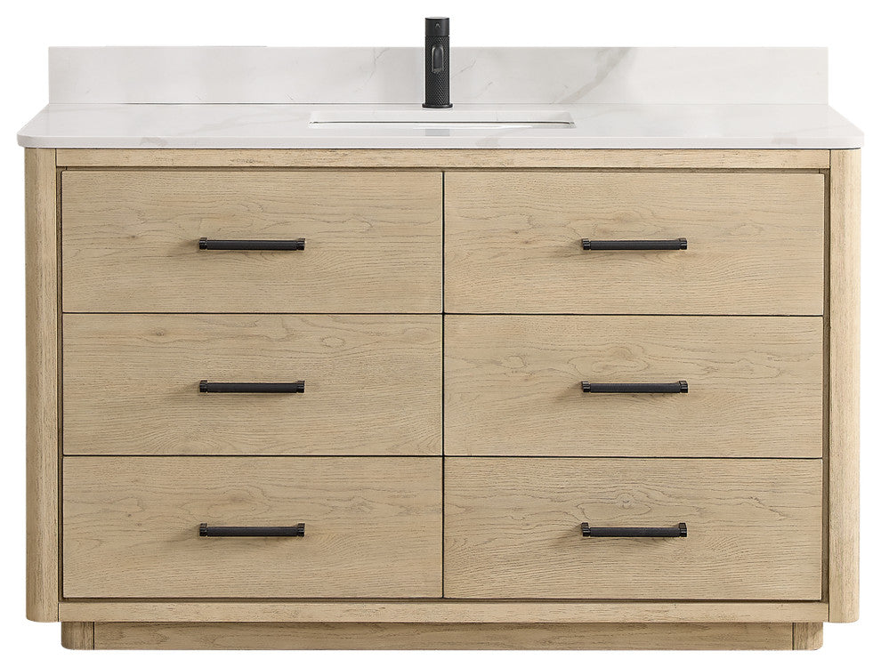 Porto Bath Vanity with White Quartz Stone Top, Natural Oak, 55 in., No Mirror