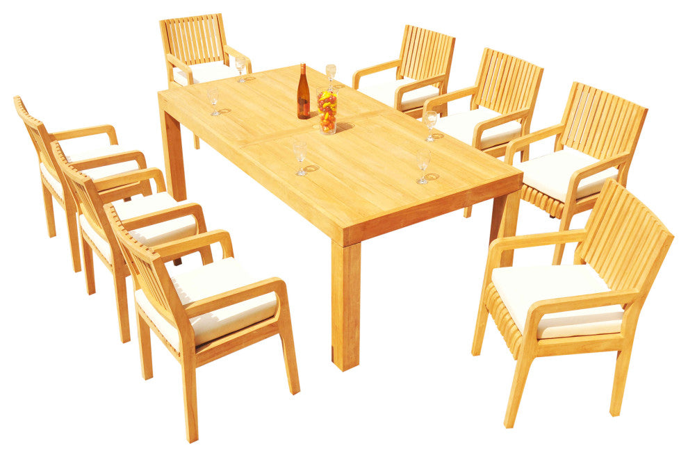 9-Piece Outdoor Teak Patio Dining Set: 86" Rectangle Table, 8 Maldives Arm Chair