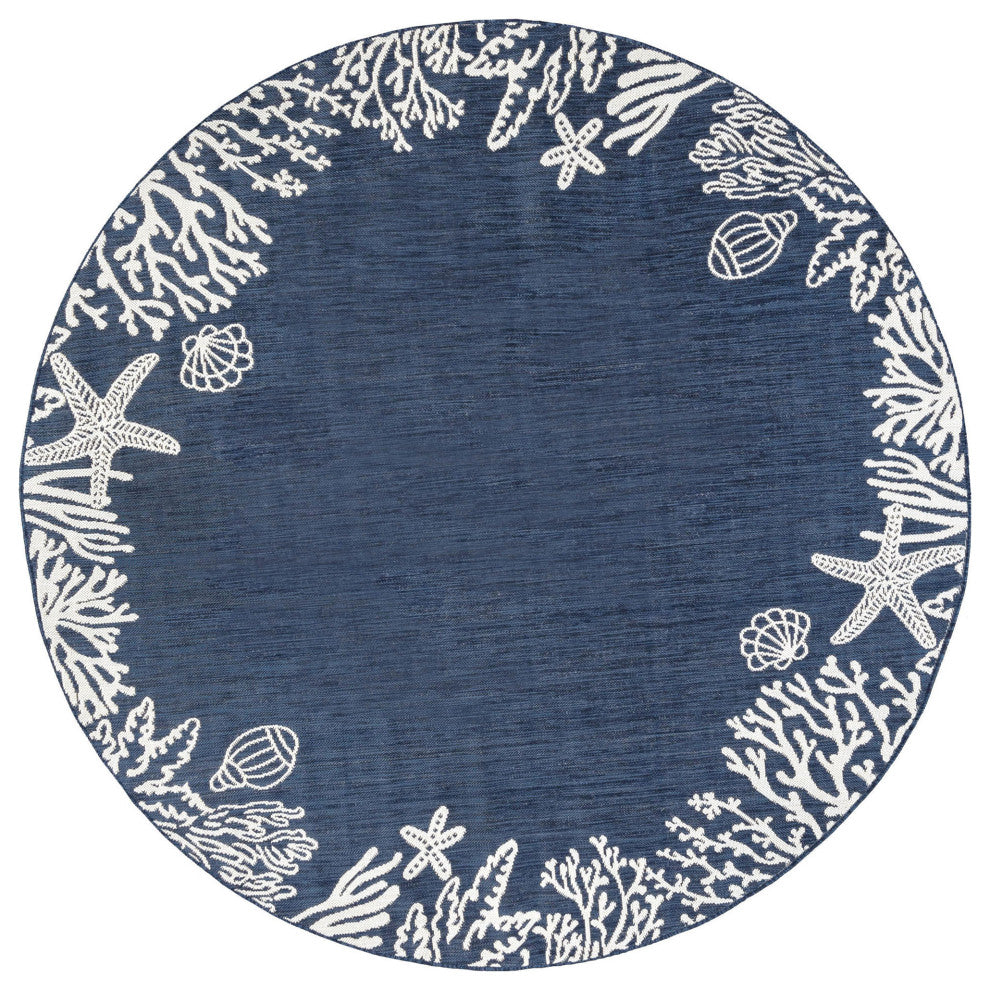 Biscayne Novelty Coastal Navy/Cream Round Indoor/Outdoor Area Rug, 8'