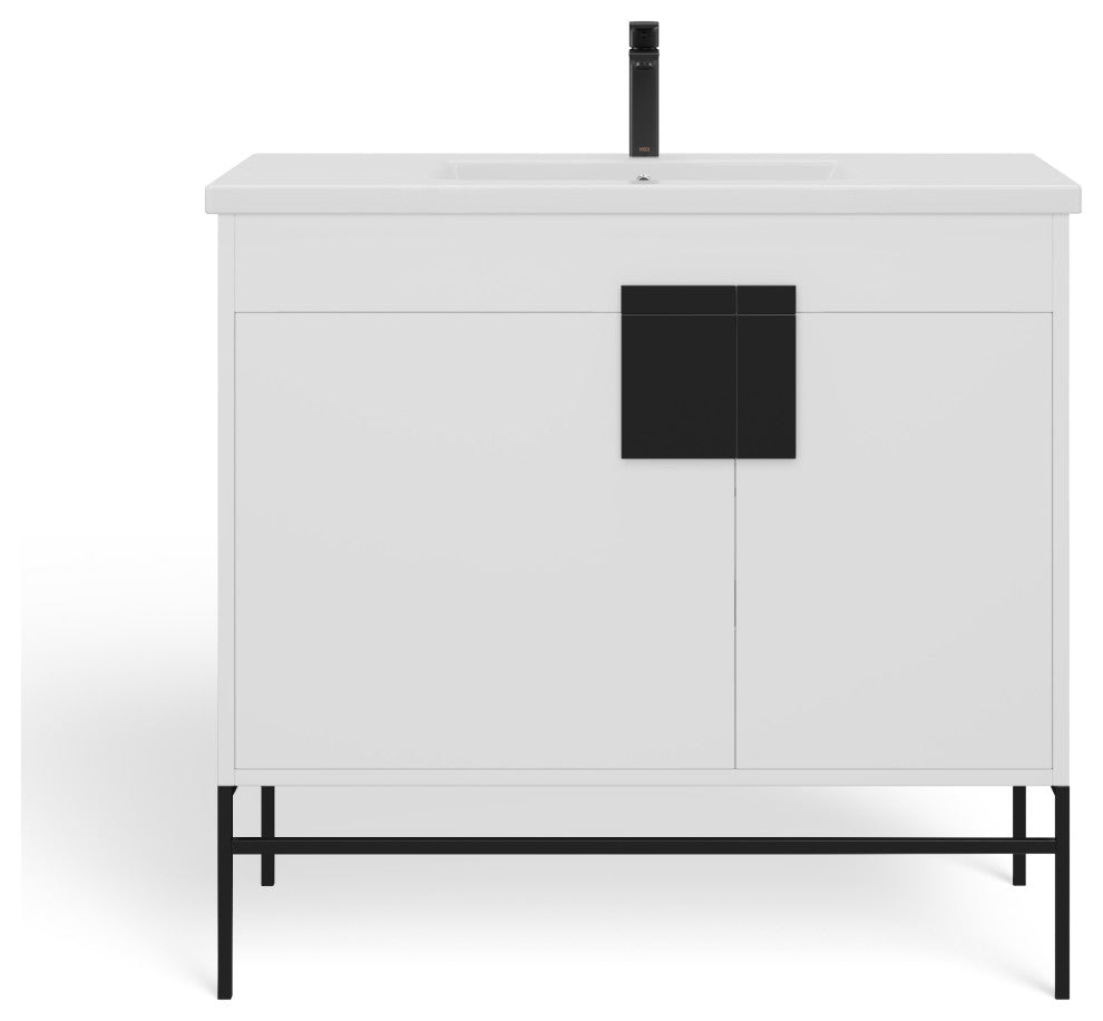 Lockhart Bath Vanity, White, 36", Black Hardware, Single Sink, Freestanding